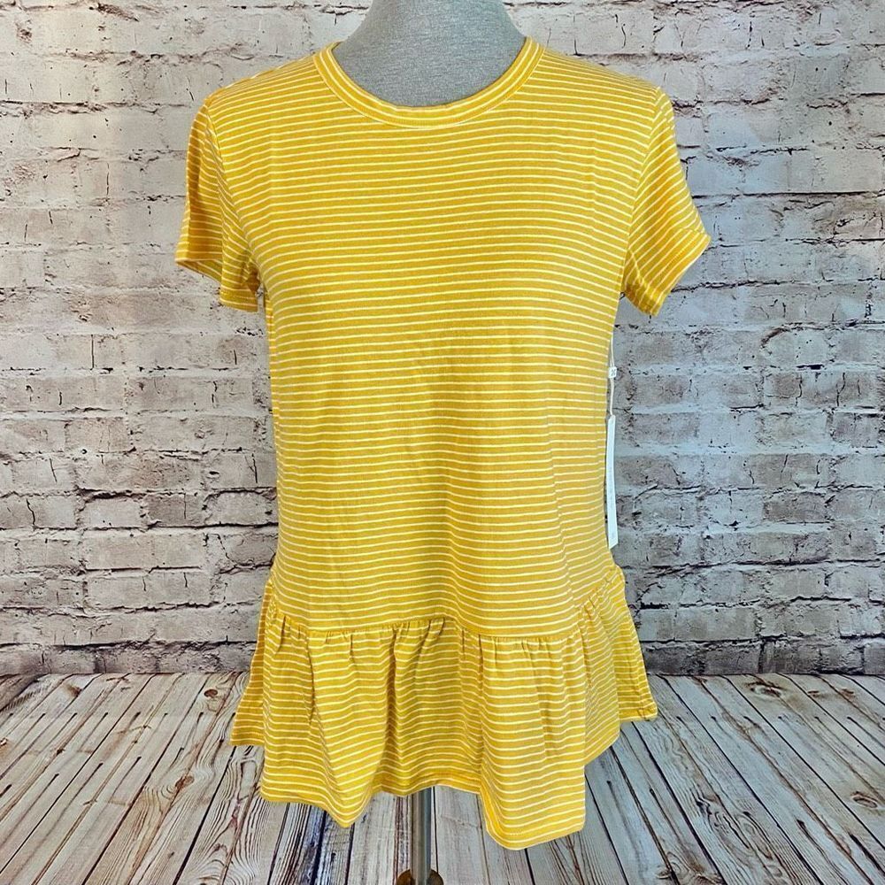 Caslon Womens Yellow Ivory Striped Crewneck Short Sleeve Peplum Tee Small NWT